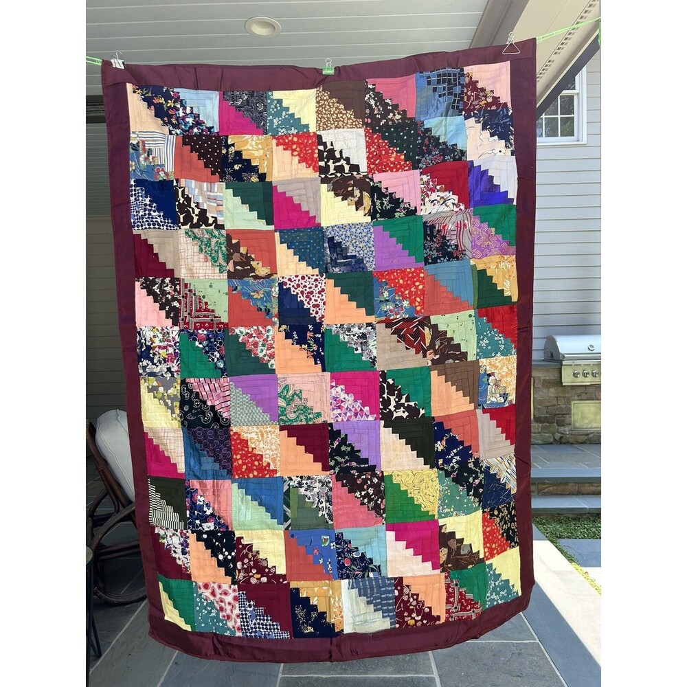 Antique Log Cabin In Rows Quilt Hand Pieced Hand Tied 1930s 40s Silk Rayon